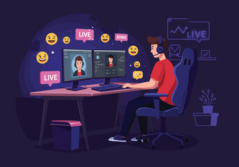 
Gamer streaming live on computer with emoticons, , Flat cartoon vector illustration