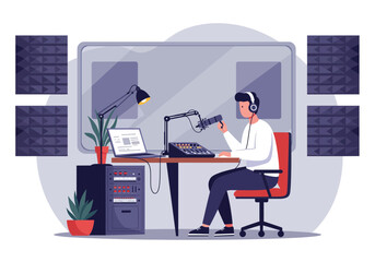 Podcast studio man recording with microphone and laptop, Flat cartoon vector illustration