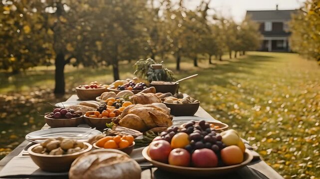 Thanksgiving feast outside: Table filled with turkey, bread, fruits, orchard background. Autumn harvest celebrations, rural lifestyle, family gatherings, farm-to-table advertising, seasonal events.
