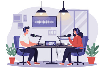 Podcast recording session man and woman interviewing Flat cartoon vector illustration