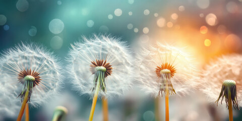 Dandelion Seedheads in Golden Sunlight on Summer Field