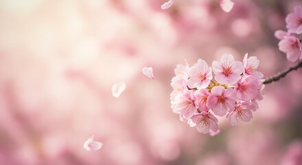 Obraz premium Beautiful pink cherry blossoms in soft sunlight, gentle petals falling