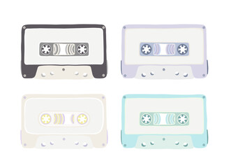 Set of illustrations of an audio cassette tapes with black, white, purple, blue colors and a cartoon cute flat design. Analog media for recording and listening to music.