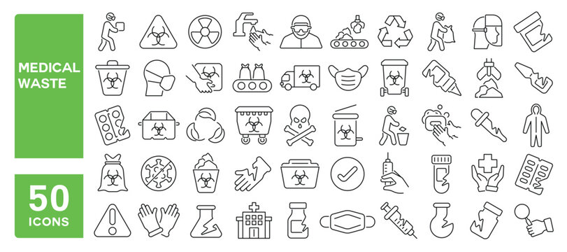Set of 50 line icons related to medical waste, infectious, biohazard, disposal needles, syringe trash, Editable stroke. Vector illustration