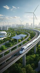 Modern High-speed Train Traveling in Urban Green Cityscape with Wind Turbines and Solar Panels