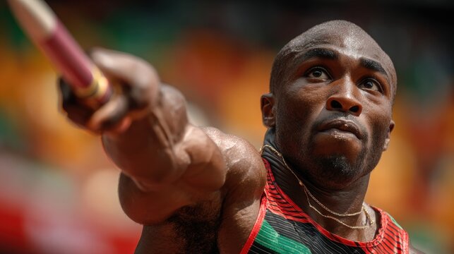 Focused javelin thrower poised to release spear at track event