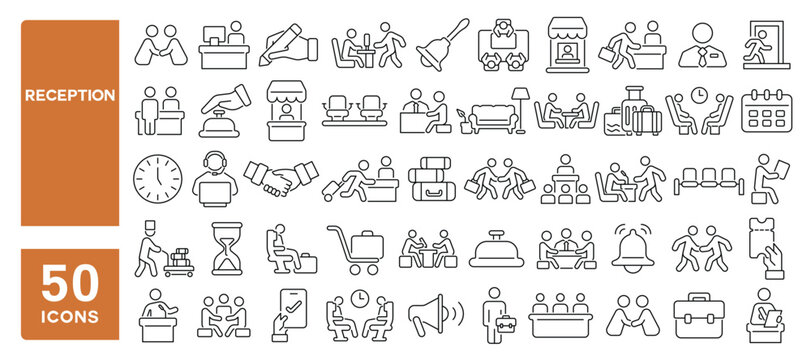 Set of 50 line icons related to reception, lobby, hospitality, office, guest, registration, receptionist, Editable stroke. Vector illustration