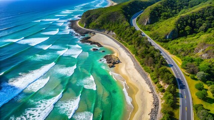 Aerial view of a scenic coastline with turquoise ocean waves, sandy beach, and a winding road