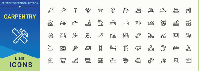 Carpentry vector line icon set. Set of line pictogram. Contains related to wood craft, tools, carpenter, handyman, craft, tool. Editable vector art. Carpentry icon set.