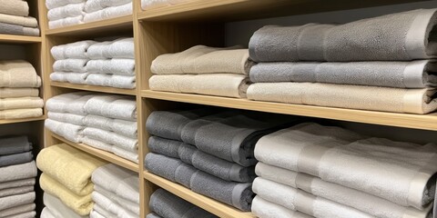 Neatly arranged cotton towels on wooden shelves in neutral shades. Towel Day
