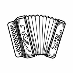 A hand-drawn sketch of a traditional button accordion with decorative patterns on bellows and panels, rendered in black and white and isolated on white background, symbolizing folk music, performance,