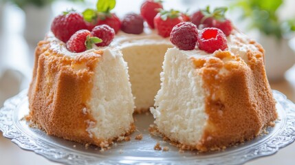 National Coconut Torte Day National White Chocolate Cheesecake Day Delicious angel food cake with fresh berries on elegant plate
