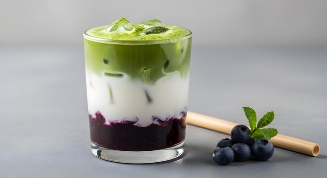 Layered Matcha Latte with Blueberry Syrup and Milk &mdash; Side View, Clear Separation, Bamboo Straw