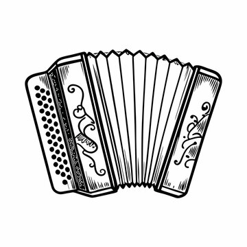 A hand-drawn sketch of a traditional button accordion with decorative patterns on bellows and panels, rendered in black and white and isolated on white background, symbolizing folk music, performance,