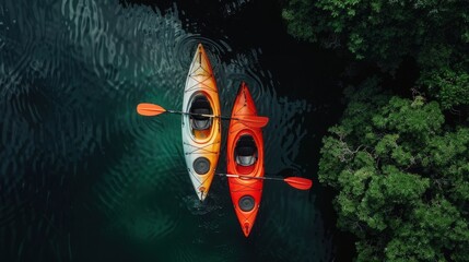 Overhead view of two colorful kayaks on calm river beside lush greenery