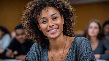 Young african female student smiling confidently in classroom setting