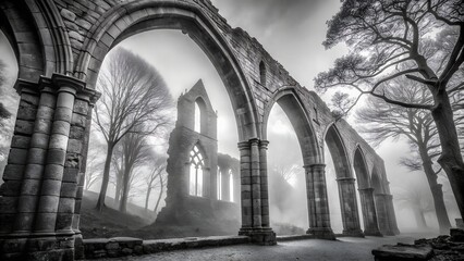 A monochrome image of ancient abbey ruins shrouded in fog, creating an atmospheric and historical landscape