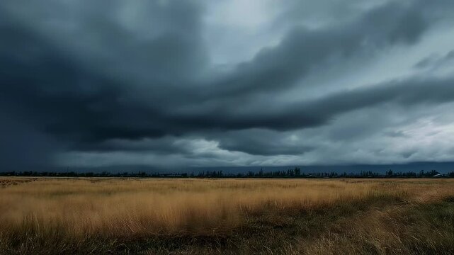 Majestic sculpted super-cell mesocyclone thunderstorm clouds drifting across expansive Nebraska sand hills landscape under dramatic stormy skies