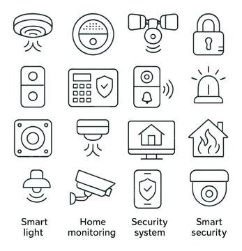 Smart home safety icon collection. simple security, lock, alarm, camera, monitoring vector icons.