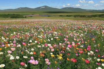 Colorful wildflowers blanket a vast, grassy plain, with distant mountains and a small lake visible in the background.  A vibrant display of color across a meadow