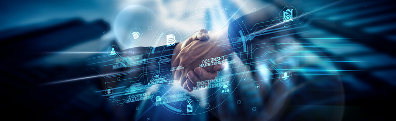 Document Management concept, organizing workflows, IT Manager handshake of global network connection ensuring secure access, storage, sharing, compliance, and collaboration.