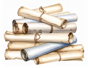 Watercolor Illustration of a Stack of Aged Paper Scrolls Tied with Twine