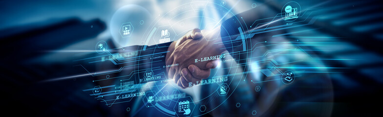 E-learning concept, digital transformation, Education Technologist handshake of global network connection enhancing remote access, virtual classrooms, interactive content, and collaboration tools.