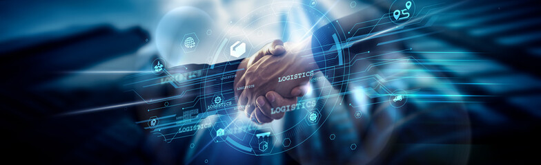 Logistics concept, efficient delivery, Supply Chain Manager handshake of global network connection optimizing transport, warehousing, inventory, and distribution for seamless product flow worldwide.