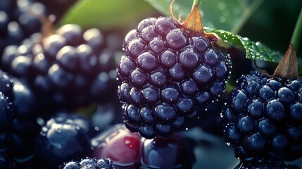 Ripe blackberries growing on a bush with water droplets
