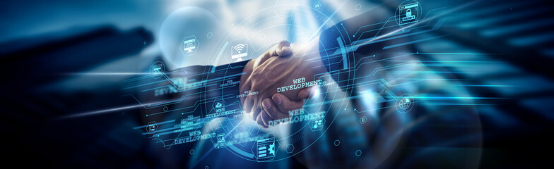Web Development concept, creating dynamic websites, Developer handshake of global network...