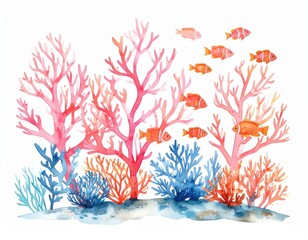 Vibrant coral reef ecosystem in watercolor illustration sheltering reef fish
