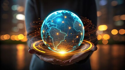 Person holding a glowing digital globe with interconnected data streams