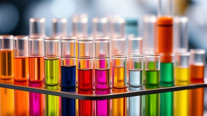 Colorful test tubes arranged in a holder, featuring a soft bokeh background under even studio lighting.