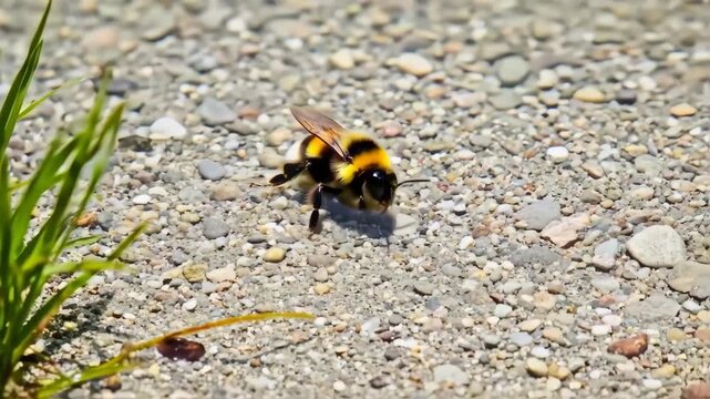 Bee foraging for nectar on gravelly ground with green grass in natural outdoor environment