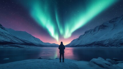 Fototapeta premium Photographer observing stunning northern lights over frozen lake in snowy mountains