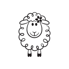 Cute black and white cartoon sheep with flower lamb