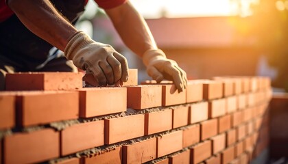 Bricklayer building wall with sunset.