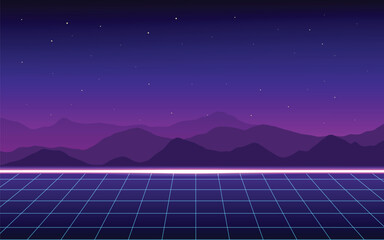 Futuristic landscape retro style. Digital retro landscape cyber surface. mountains background summer landscape