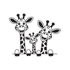Three happy cartoon giraffes peeking over a line animal