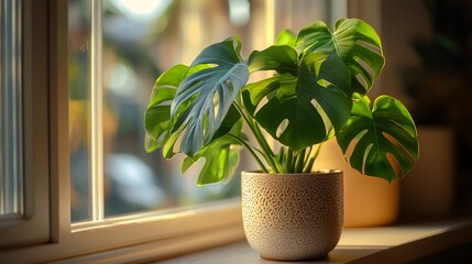 Monstera deliciosa plant enjoying sunlight by window, interior design inspiration