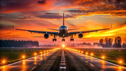 An airplane prepares to land on a brightly lit runway against a vibrant sunset sky