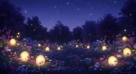 Fototapeta premium Magical Night Forest Scene with Glowing Lanterns and Fireflies in Blossom Meadow