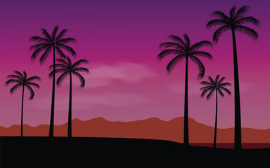 Silhouette Palm trees background, with mountain and sea	
