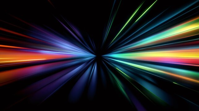 Colorful streaks of light converging towards a central point in the dark