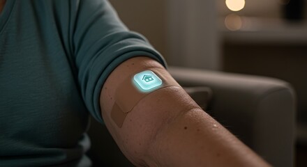 Person wearing a high-tech smart patch on their arm for health monitoring, showcasing advanced medical technology and personal care