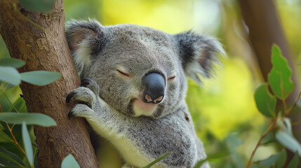 Obraz premium Koala holding onto eucalyptus tree, looking sleepy and relaxed