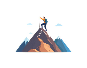 Fototapeta premium Male hiker with a backpack and trekking pole reaching the summit of a rocky mountain peak.