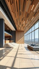 Modern Interior with Wooden Ceiling and Large Windows