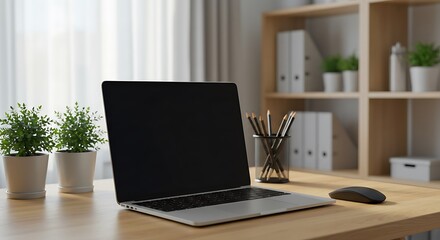 Fototapeta premium A laptop sits on a wooden desk in a bright, modern office