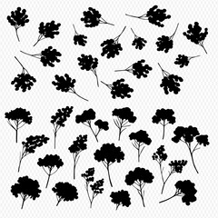 A collection of silhouetted plant clusters and small trees scattered on a light background, creating a botanical pattern.